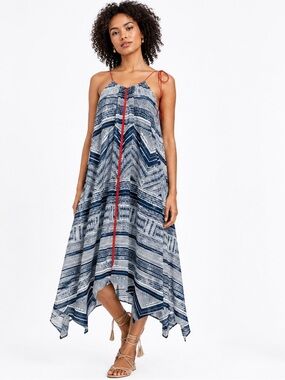 Akemi + Kin Anthropologie Riviera Halter Dress Small Boho Tassel Midi asymmetric